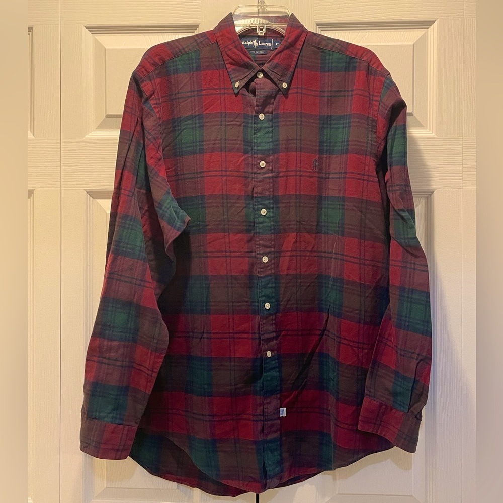 Men’s Ralph Lauren Long Sleeved Dark Red and Green Button Down Size XL